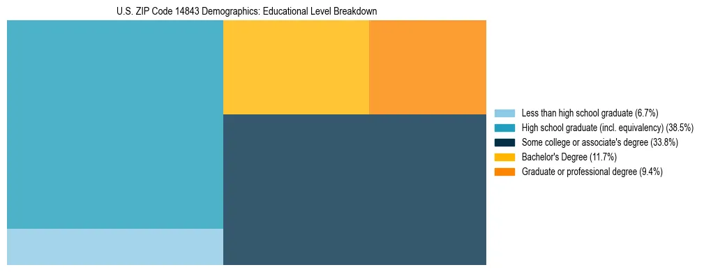 Treemap chart illustrating the educational attainment breakdown for population 25 years and over in US ZIP Code 14843.