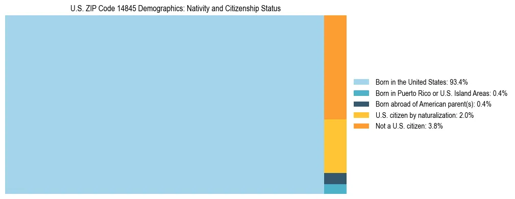 Treemap showing the population distribution by nativity and citizenship status in US ZIP Code 14845 based on U.S. Census data.