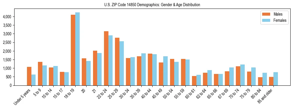 Bar chart showing the population distribution of US ZIP Code 14850 by age group and gender, based on 2023 ACS data.