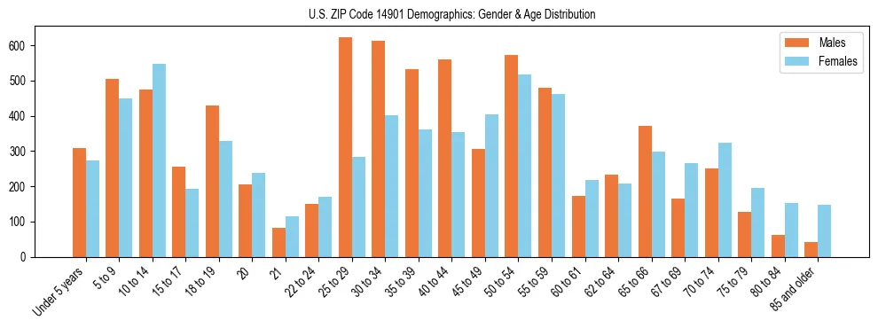 Bar chart showing the population distribution of US ZIP Code 14901 by age group and gender, based on 2023 ACS data.