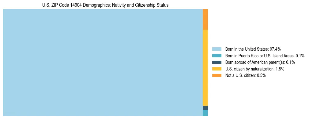 Treemap showing the population distribution by nativity and citizenship status in US ZIP Code 14904 based on U.S. Census data.
