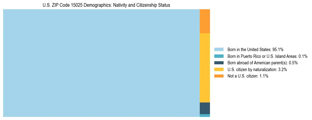 Treemap showing the population distribution by nativity and citizenship status in US ZIP Code 15025 based on U.S. Census data.