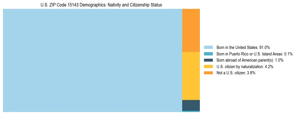 Treemap showing the population distribution by nativity and citizenship status in US ZIP Code 15143 based on U.S. Census data.
