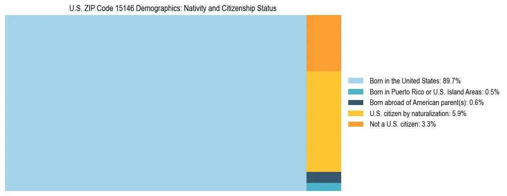 Treemap showing the population distribution by nativity and citizenship status in US ZIP Code 15146 based on U.S. Census data.