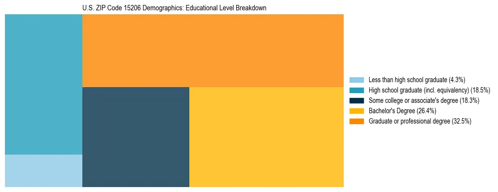 Treemap chart illustrating the educational attainment breakdown for population 25 years and over in US ZIP Code 15206.