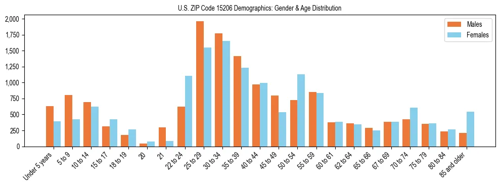Bar chart showing the population distribution of US ZIP Code 15206 by age group and gender, based on 2023 ACS data.