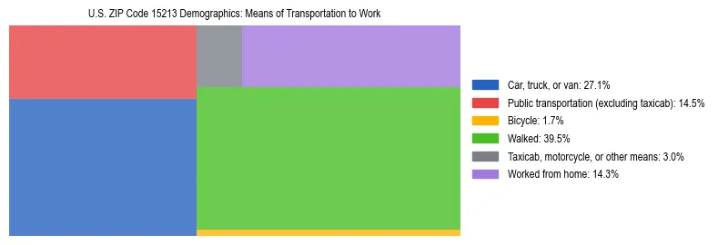 Treemap showing means of transportation to work distribution in US ZIP Code 15213.