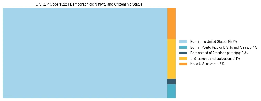 Treemap showing the population distribution by nativity and citizenship status in US ZIP Code 15221 based on U.S. Census data.