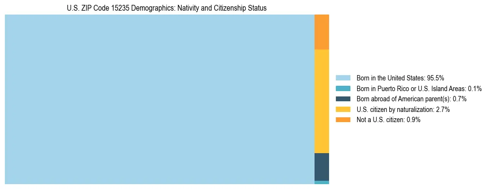 Treemap showing the population distribution by nativity and citizenship status in US ZIP Code 15235 based on U.S. Census data.