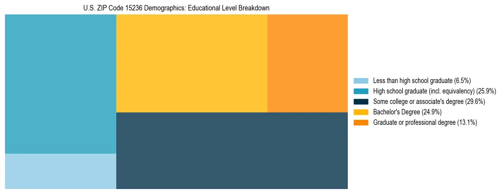 Treemap chart illustrating the educational attainment breakdown for population 25 years and over in US ZIP Code 15236.
