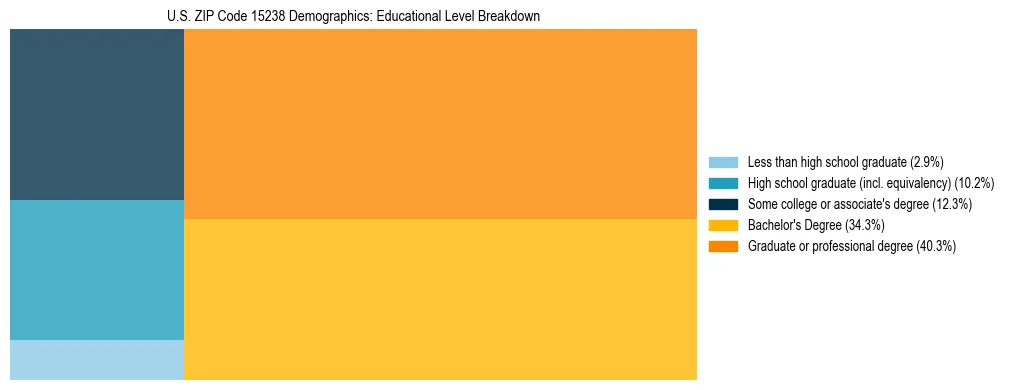 Treemap chart illustrating the educational attainment breakdown for population 25 years and over in US ZIP Code 15238.