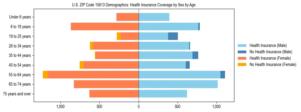 Pyramid chart showing health insurance coverage by age and sex in US ZIP Code 15613.