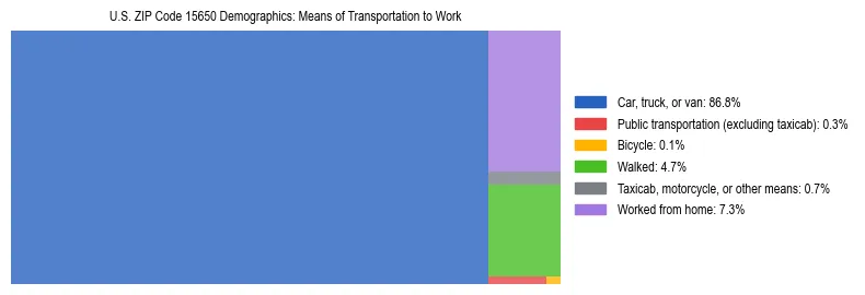 Treemap showing means of transportation to work distribution in US ZIP Code 15650.