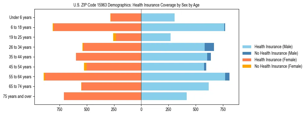 Pyramid chart showing health insurance coverage by age and sex in US ZIP Code 15963.