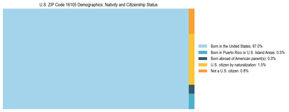 Treemap showing the population distribution by nativity and citizenship status in US ZIP Code 16105 based on U.S. Census data.