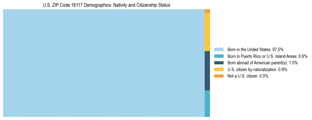 Treemap showing the population distribution by nativity and citizenship status in US ZIP Code 16117 based on U.S. Census data.