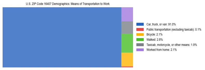 Treemap showing means of transportation to work distribution in US ZIP Code 16407.