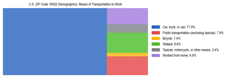 Treemap showing means of transportation to work distribution in US ZIP Code 16502.