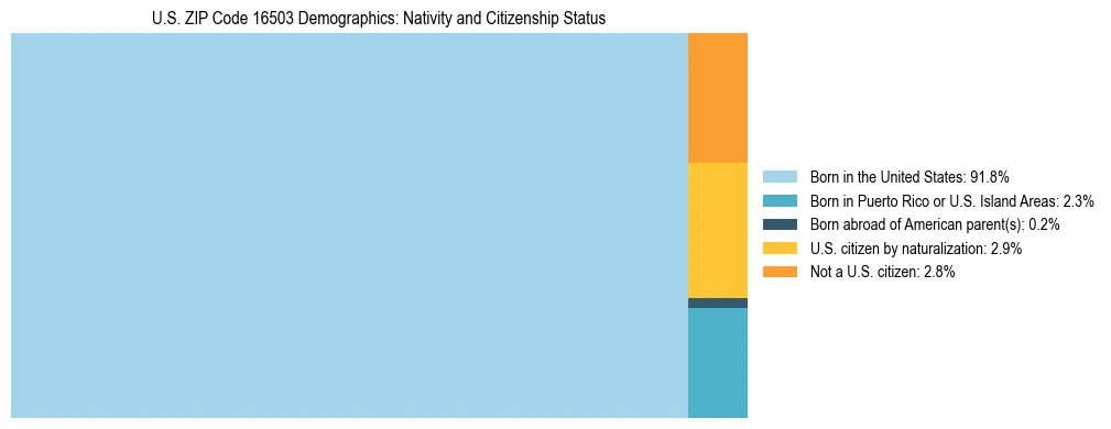 Treemap showing the population distribution by nativity and citizenship status in US ZIP Code 16503 based on U.S. Census data.
