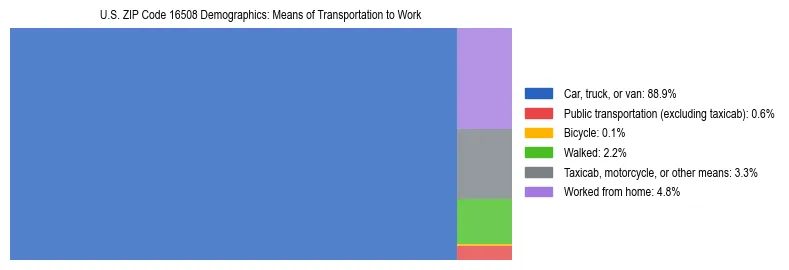 Treemap showing means of transportation to work distribution in US ZIP Code 16508.