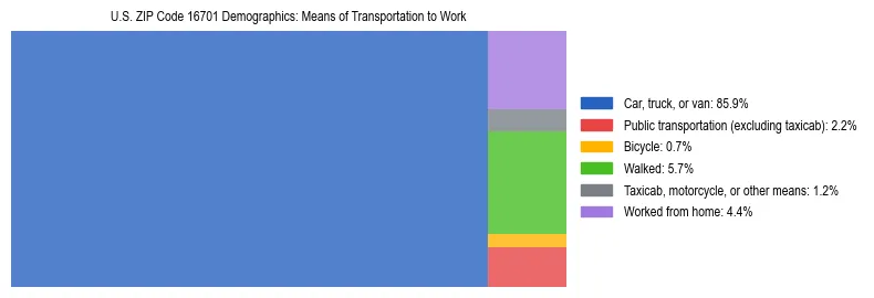 Treemap showing means of transportation to work distribution in US ZIP Code 16701.