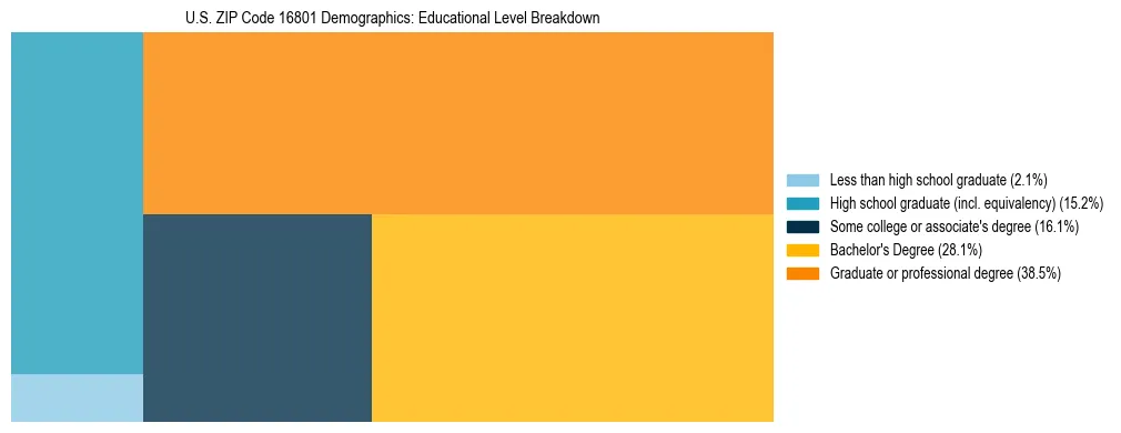Treemap chart illustrating the educational attainment breakdown for population 25 years and over in US ZIP Code 16801.