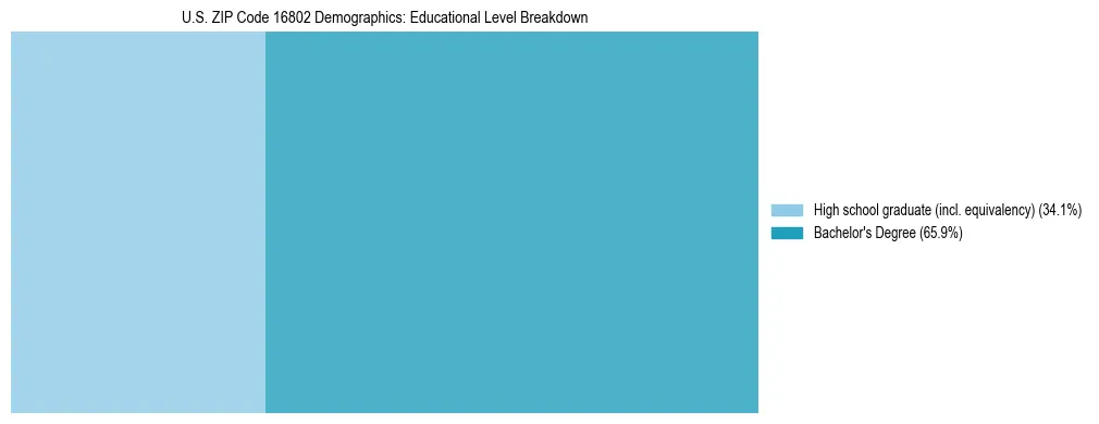 Treemap chart illustrating the educational attainment breakdown for population 25 years and over in US ZIP Code 16802.