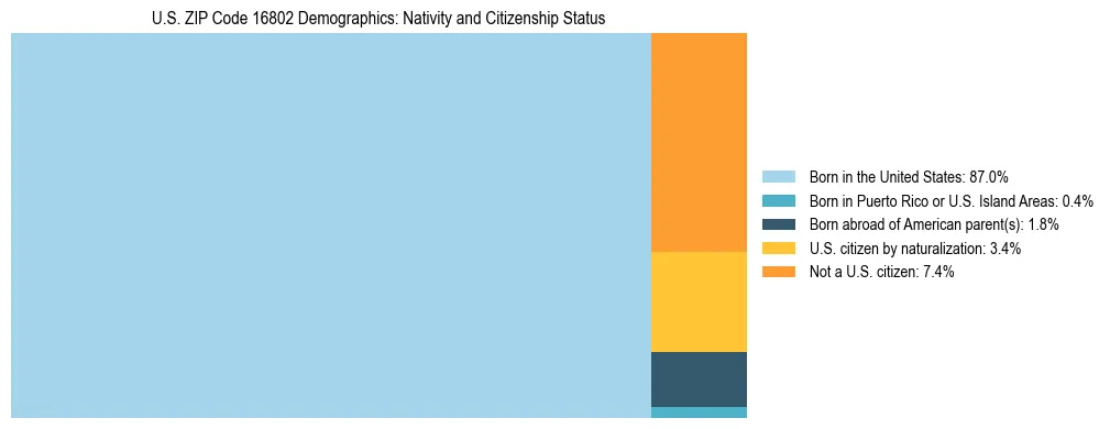 Treemap showing the population distribution by nativity and citizenship status in US ZIP Code 16802 based on U.S. Census data.