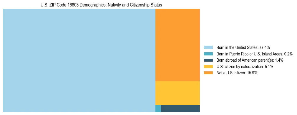 Treemap showing the population distribution by nativity and citizenship status in US ZIP Code 16803 based on U.S. Census data.