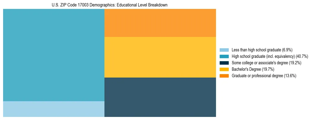 Treemap chart illustrating the educational attainment breakdown for population 25 years and over in US ZIP Code 17003.