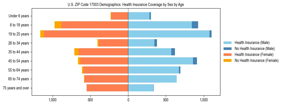 Pyramid chart showing health insurance coverage by age and sex in US ZIP Code 17003.