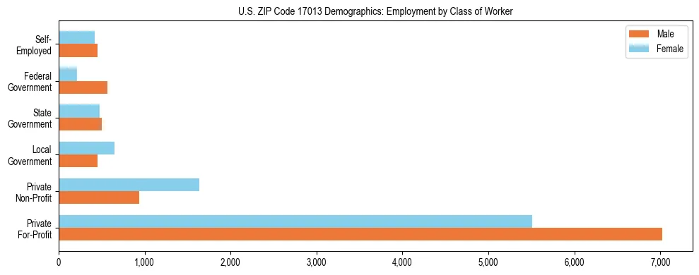 Horizontal bar chart showing employment distribution by class of worker and gender in US ZIP Code 17013, based on 2023 ACS data.