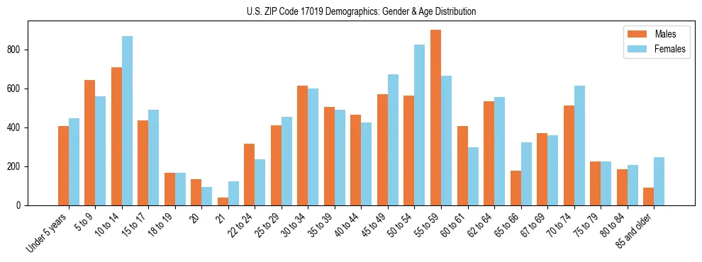 Bar chart showing the population distribution of US ZIP Code 17019 by age group and gender, based on 2023 ACS data.