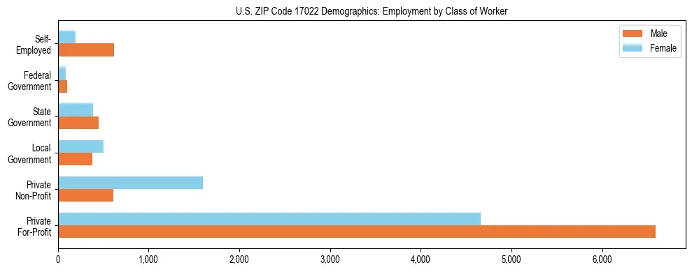 Horizontal bar chart showing employment distribution by class of worker and gender in US ZIP Code 17022, based on 2023 ACS data.