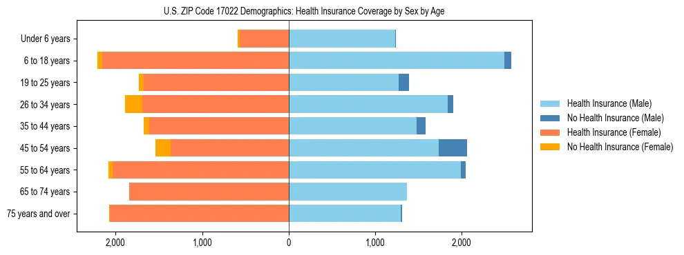 Pyramid chart showing health insurance coverage by age and sex in US ZIP Code 17022.