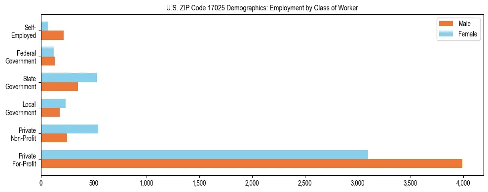 Horizontal bar chart showing employment distribution by class of worker and gender in US ZIP Code 17025, based on 2023 ACS data.