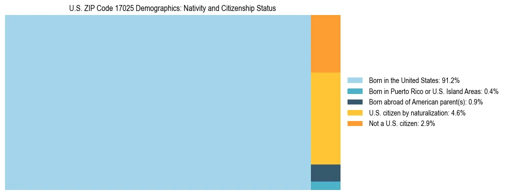 Treemap showing the population distribution by nativity and citizenship status in US ZIP Code 17025 based on U.S. Census data.