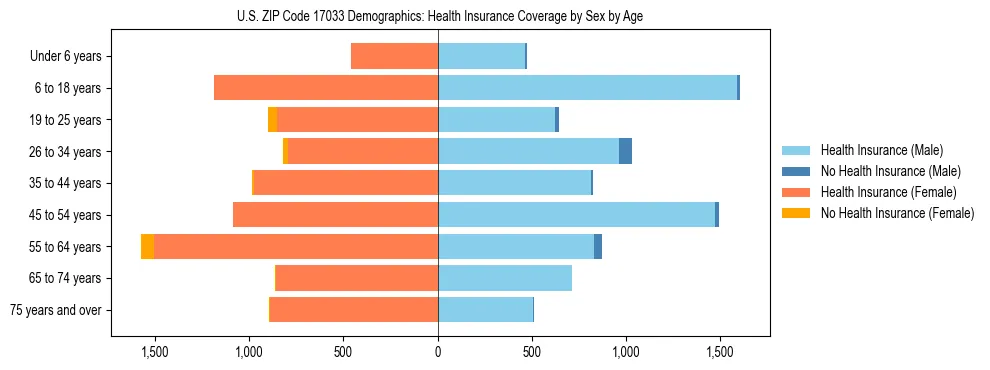 Pyramid chart showing health insurance coverage by age and sex in US ZIP Code 17033.