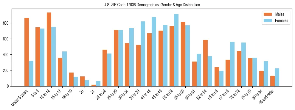 Bar chart showing the population distribution of US ZIP Code 17036 by age group and gender, based on 2023 ACS data.