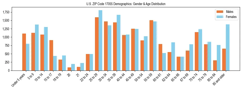 Bar chart showing the population distribution of US ZIP Code 17055 by age group and gender, based on 2023 ACS data.