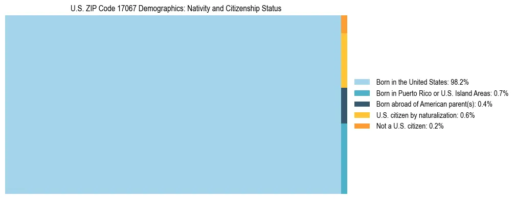 Treemap showing the population distribution by nativity and citizenship status in US ZIP Code 17067 based on U.S. Census data.