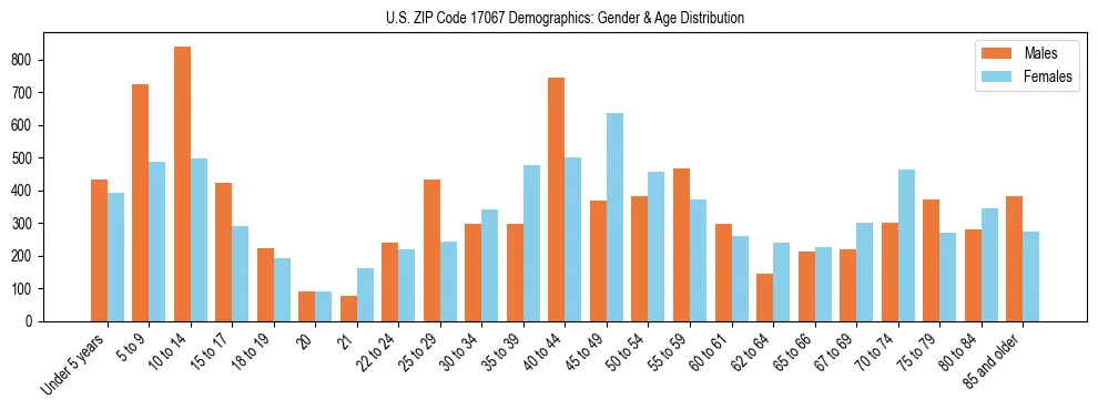 Bar chart showing the population distribution of US ZIP Code 17067 by age group and gender, based on 2023 ACS data.