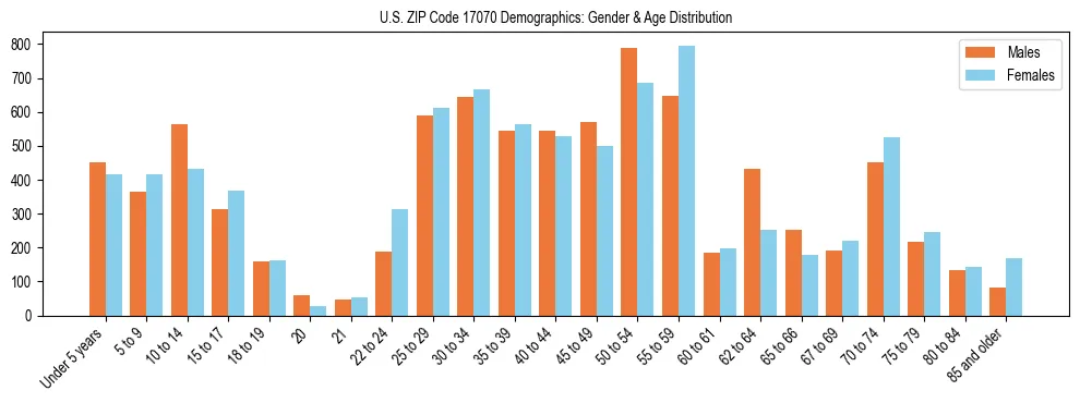 Bar chart showing the population distribution of US ZIP Code 17070 by age group and gender, based on 2023 ACS data.