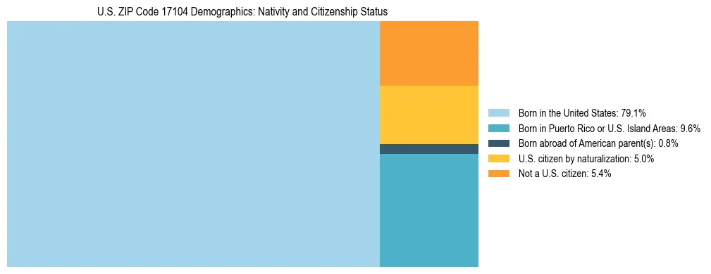 Treemap showing the population distribution by nativity and citizenship status in US ZIP Code 17104 based on U.S. Census data.