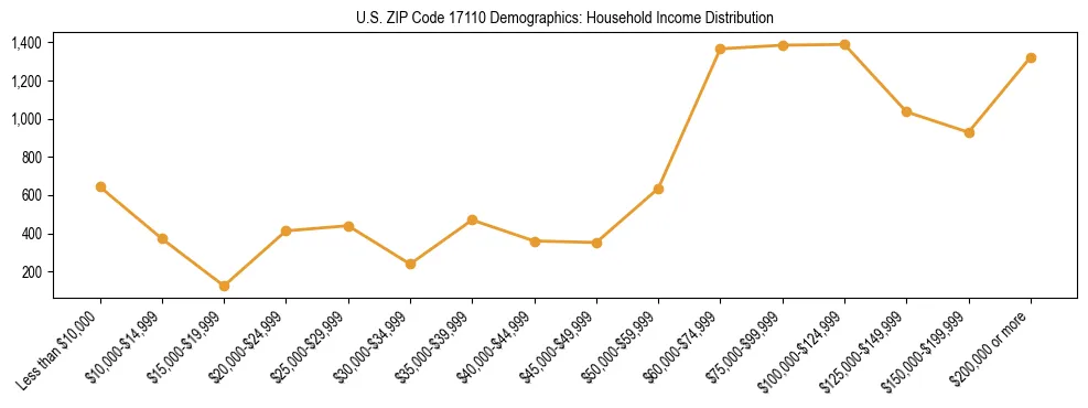Horizontal bar chart showing household income distribution in US ZIP Code 17110.