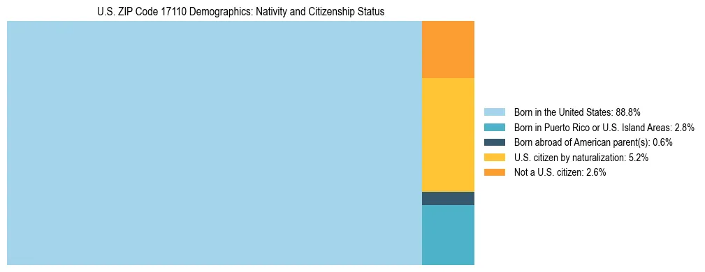 Treemap showing the population distribution by nativity and citizenship status in US ZIP Code 17110 based on U.S. Census data.