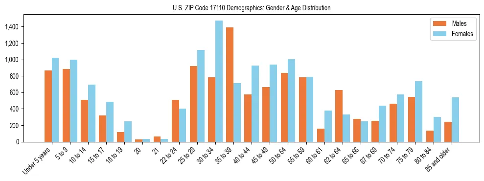 Bar chart showing the population distribution of US ZIP Code 17110 by age group and gender, based on 2023 ACS data.