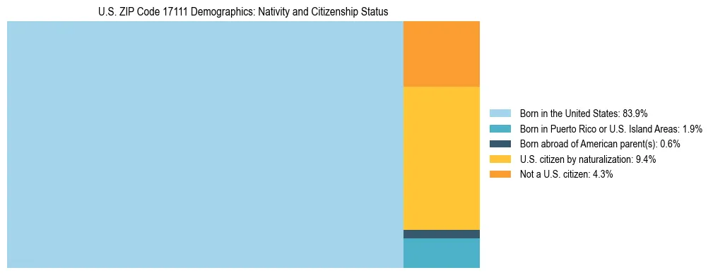 Treemap showing the population distribution by nativity and citizenship status in US ZIP Code 17111 based on U.S. Census data.