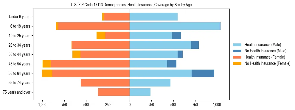 Pyramid chart showing health insurance coverage by age and sex in US ZIP Code 17113.