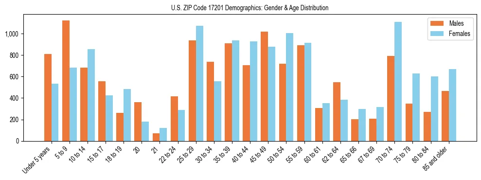 Bar chart showing the population distribution of US ZIP Code 17201 by age group and gender, based on 2023 ACS data.